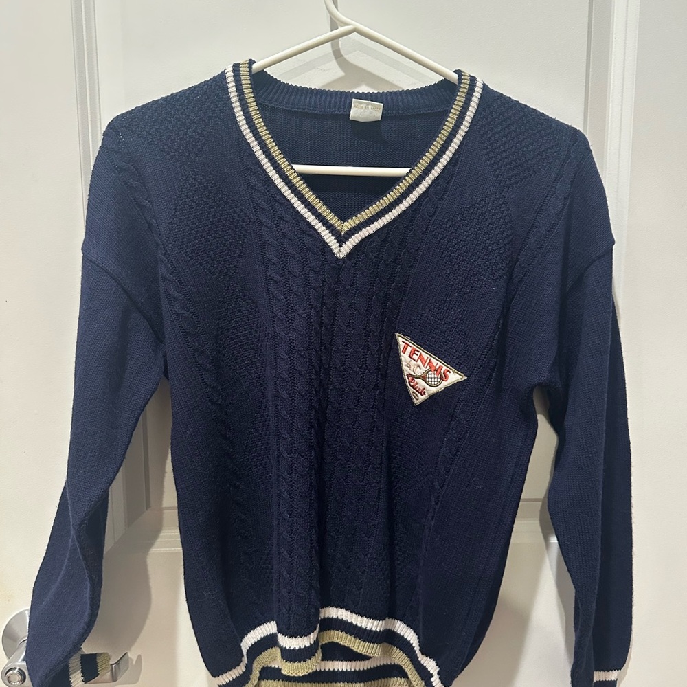 Vintage Navy V-Neck Cable Knit Tennis Sweater - Made in Italy!